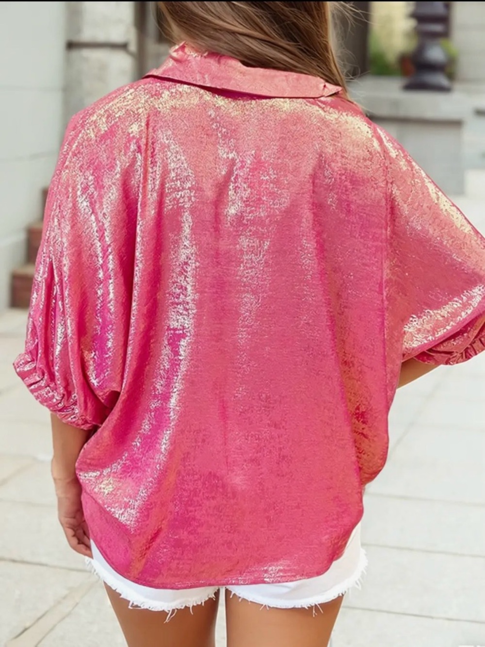 Shimmery Pink Metallic V-Neck Blouse - Picture 2 of 2